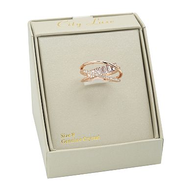 City Luxe Rose Gold Tone Pink Baguette Crystal Open Crossover Ring