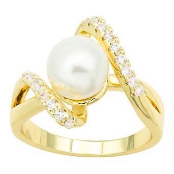 City Luxe Gold Tone Imitation Pearl & Cubic Zirconia Bypass Ring