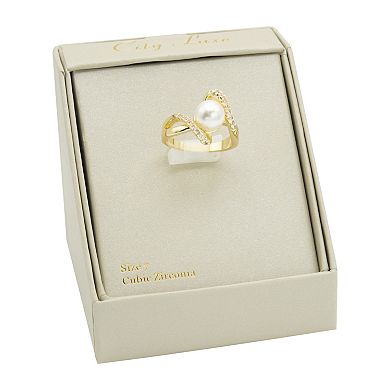 City Luxe Gold Tone Imitation Pearl & Cubic Zirconia Bypass Ring