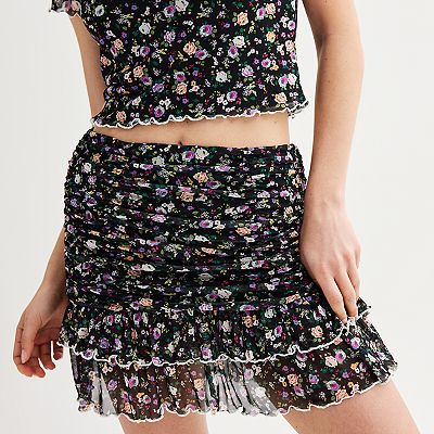 Juniors Love Fire Allover Ditsy Floral Print Cropped T Shirt Ruffly Mesh Trimmed Mini Skirt