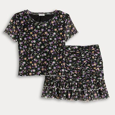 Juniors' Love, Fire Allover Ditsy Floral Print Cropped T-Shirt & Ruffly Mesh Trimmed Mini Skirt Set