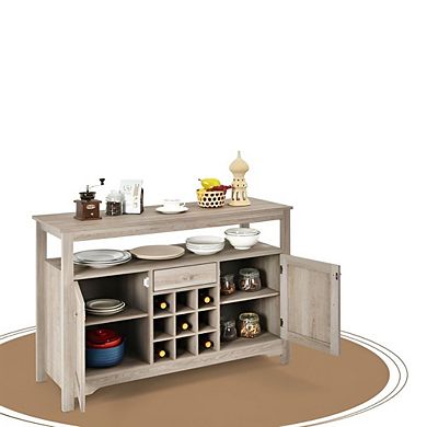 Grey Oak Buffet Server with Wine Storage, Cabinets, Drawer, and Open Shelf, 46 inches