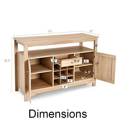 Grey Oak Buffet Server with Wine Storage, Cabinets, Drawer, and Open Shelf, 46 inches