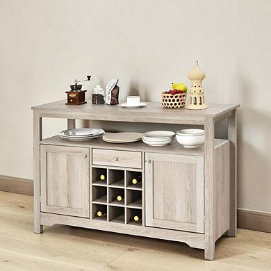 Grey Oak Buffet Server with Wine Storage, Cabinets, Drawer, and Open Shelf, 46 inches