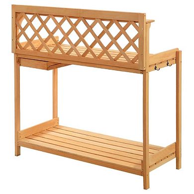 Wooden Potting Bench with Side Drawer and Hooks for Garden and Patio, Natural, 45 inches