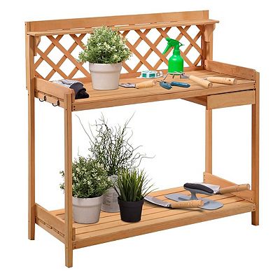 Wooden Potting Bench with Side Drawer and Hooks for Garden and Patio, Natural, 45 inches