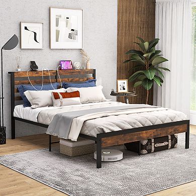 Bed Frame With Charging Station And Storage Headboard