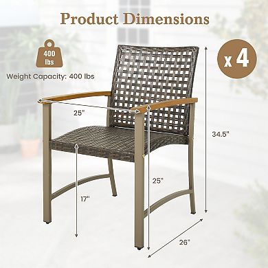Patio Rattan Dining Chairs With Acacia Wood Armrests - Set Of 4