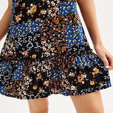 Juniors' Live To Be Spoiled Patchwork Floral Print Sleeveless Swing Dress