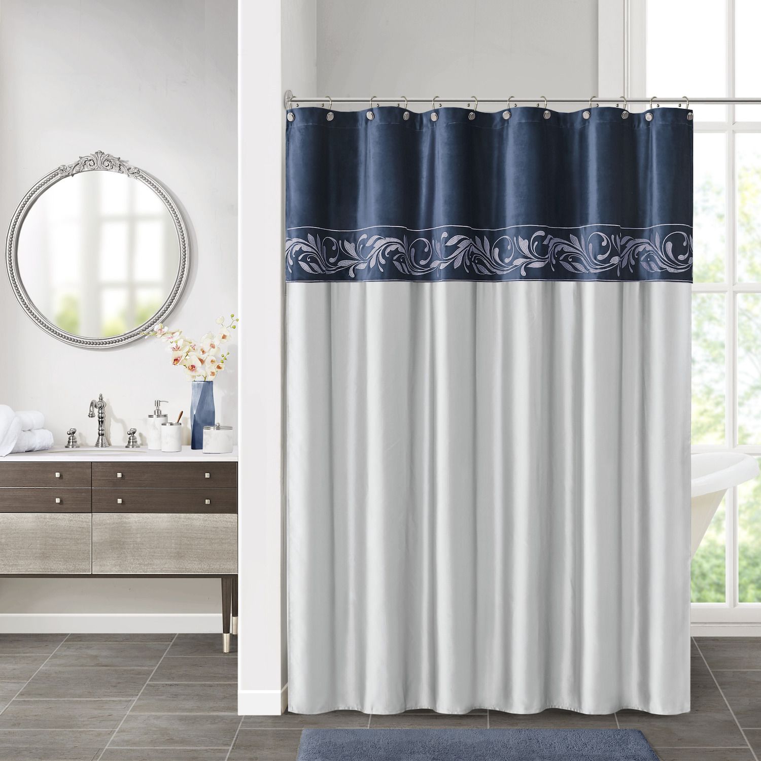 Croscill Classics Vicenza Embroidery Shower Curtain   6798904 Navy Silver