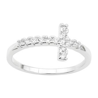 City Luxe Silver Tone Cubic Zirconia Pave East West Mini Cross Ring