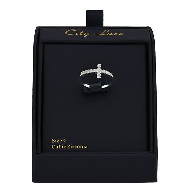 City Luxe Silver Tone Cubic Zirconia Pave East West Mini Cross Ring