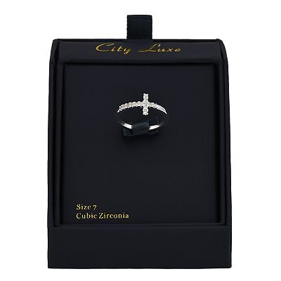 City Luxe Silver Tone Cubic Zirconia Pave East West Mini Cross Ring