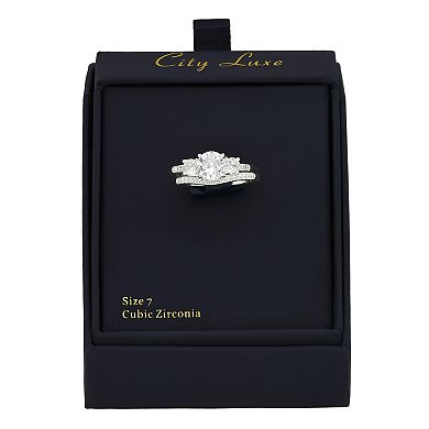 City Luxe Silver Tone Cubic Zirconia Duo Engagement Ring Set