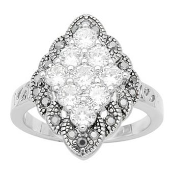 City Luxe Antique Silver Tone Art Deco Clear & Black Cubic Zirconia Ring