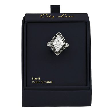 City Luxe Antique Silver Tone Art Deco Clear & Black Cubic Zirconia Ring