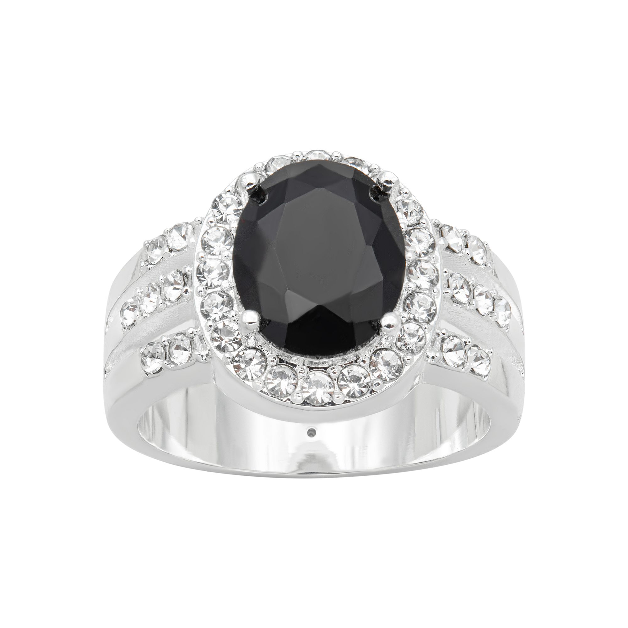 City Luxe Silver Tone Jet Crystal Oval Halo Ring, Womens, Size: 7, Silver 