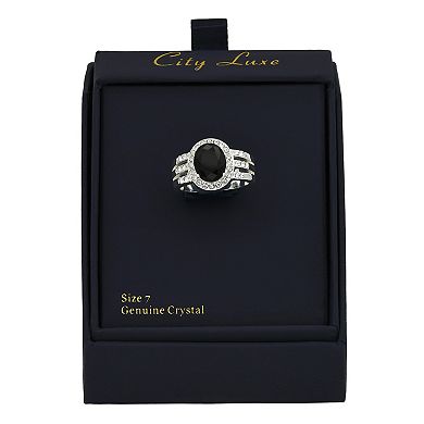 City Luxe Silver Tone Jet Crystal Oval Halo Ring