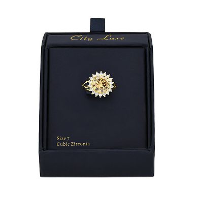 City Luxe Gold Tone Champagne & Clear Cubic Zirconia Pave Halo Ring