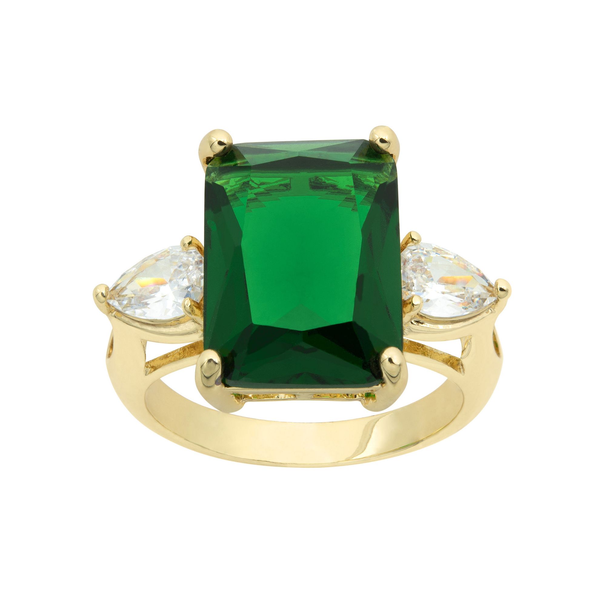 City Luxe Gold Tone Large Emerald Cut Green Crystal & Clear Cubic Zirconia 
