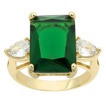 City Luxe Gold Tone Large Emerald Cut Green Crystal & Clear Cubic Zirconia Ring