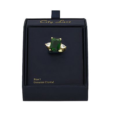 City Luxe Gold Tone Large Emerald Cut Green Crystal & Clear Cubic Zirconia Ring