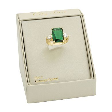 City Luxe Gold Tone Large Emerald Cut Green Crystal & Clear Cubic Zirconia Ring