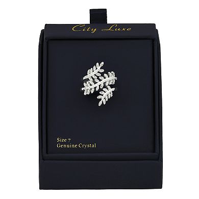 City Luxe Silver Tone Pave Crystal Open Leaf Wrap Ring