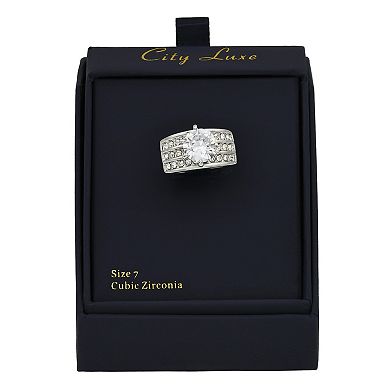City Luxe Silver Tone Cubic Zirconia Engagement Pave Band Ring