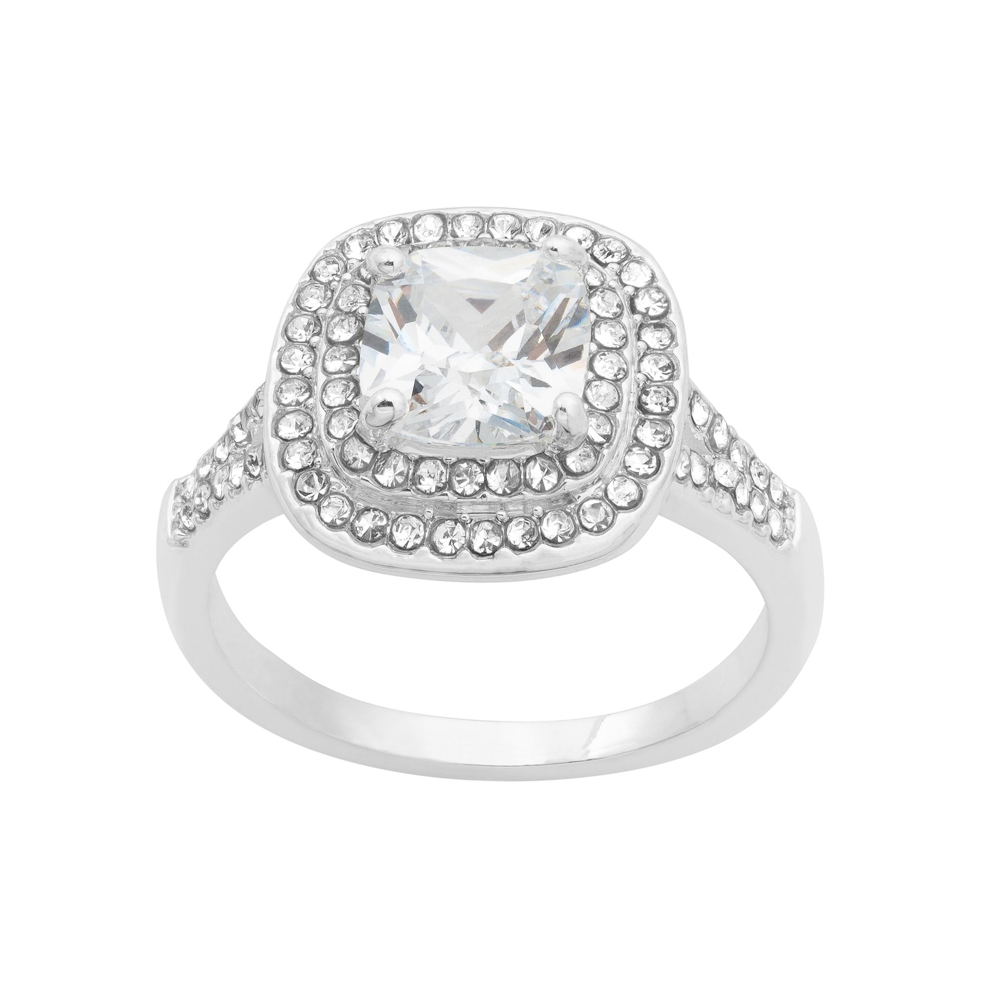 City Luxe Silver Tone Clear Cubic Zirconia Cushion Cut Double Halo Ring, Wo