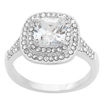 City Luxe Silver Tone Clear Cubic Zirconia Cushion Cut Double Halo Ring