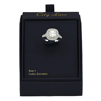 City Luxe Silver Tone Clear Cubic Zirconia Cushion Cut Double Halo Ring