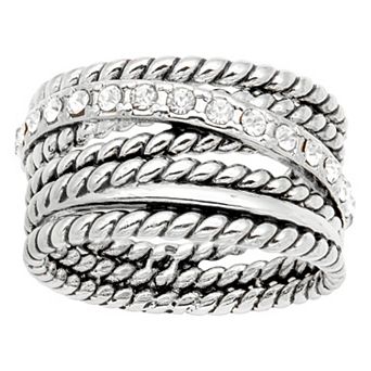 City Luxe Antique Silver Tone Chunky Roped & Crystal Faux Stack Ring