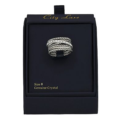City Luxe Antique Silver Tone Chunky Roped & Crystal Faux Stack Ring