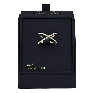 City Luxe Gold Tone Crystal Pave X Ring