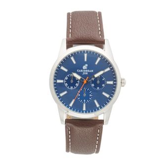 Caribbean Joe Men's Silver Tone Four Dial Dark Brown Smooth Strap Watch
