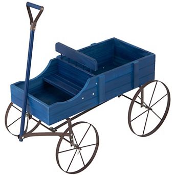 Wood Rolling Flower Planter Cart, 2 Section Garden Bed with Wheels