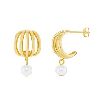 PRIMROSE 18k Gold Vermeil 5 Row C Hoop & Cultured Freshwater Pearl Drop Earrings