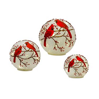 Led Frosted Cardinal Orb With Berry Branch Design (Set Of 3)