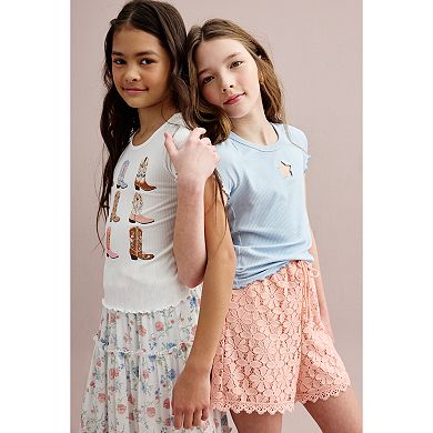 Girls 7-16 IZ Byer Star Cutout Embroidery Ribbed Solid Short Sleeve Tee