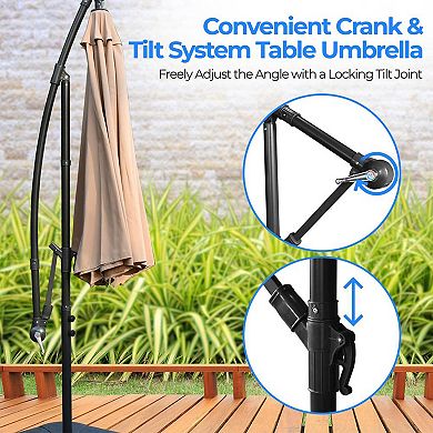 Serenelife 10 Foot Hanging Patio Umbrella With Push Button Tilt, Crank And Base