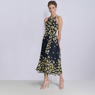 mother of the groom halter dresses Floral Halter Evening Dress with Sparkle Beads Trendy Gray Mother of the bride Dress with watermelon and blue decorations main image 0