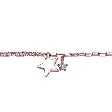 18k Rose Gold Plated Cubic Zirconia Double Star Charms Bracelet