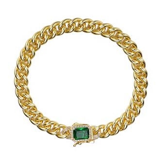 14k Gold Plated Cubic Zirconia Halo Cluster Curb Chain Bracelet