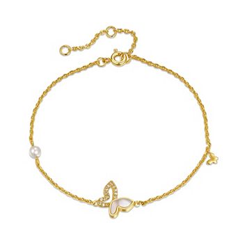 Kids' 14k Gold Plated Mother of Pearl & Cubic Zirconia Butterfly Charm Rope Bracelet