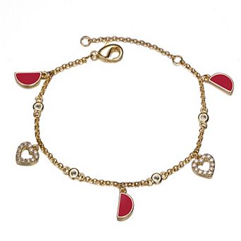 Kids' 14k Gold Plated Cubic Zirconia Heart & Red Half Moon Charm Bracelet