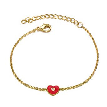 Kids' 14k Gold Plated Cubic Zirconia Enameled Heart Charm Bracelet