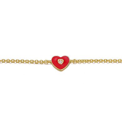Kids' 14k Gold Plated Cubic Zirconia Enameled Heart Charm Bracelet