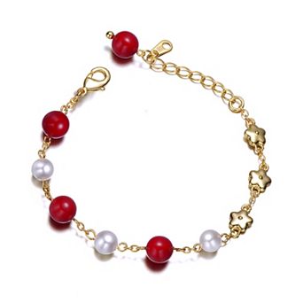 Kids 14k Yellow Gold Plated Star Red Beaded and Simulated Pearl Adjustable Charm Bracelet