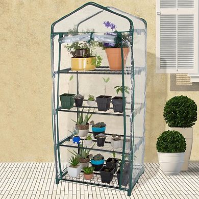 Four-Tier Portable Greenhouse with PVC Cover and Mesh Shelves, 63 inches H, Transparent and Black